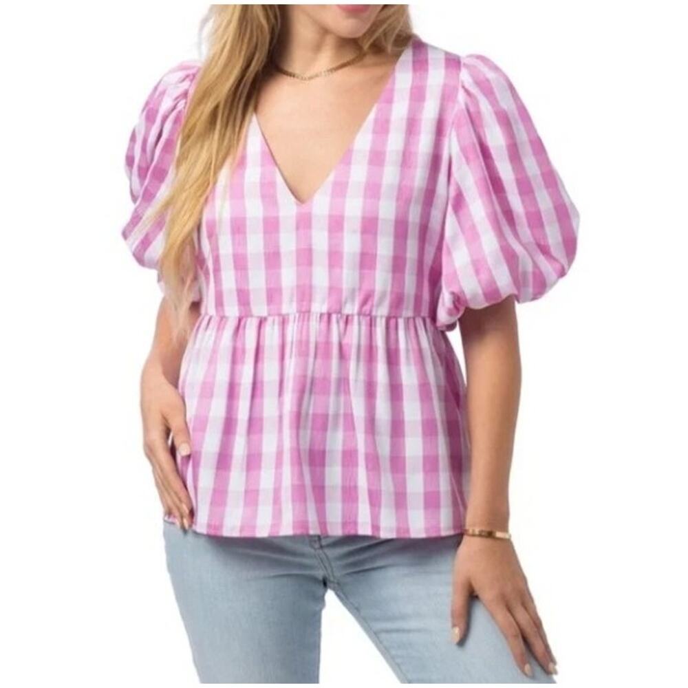 CROSBY Mollie Burch Jackie Puff Sleeve V-neck Top Medium Pink White Gingham
